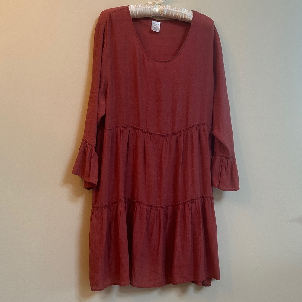 Boho Tiered Gauze Dress – Rust | XXL | Bell Sleeve | Beachy & Layerable